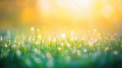 Obraz premium Morning dew on green grass at sunrise with a softly blurred background