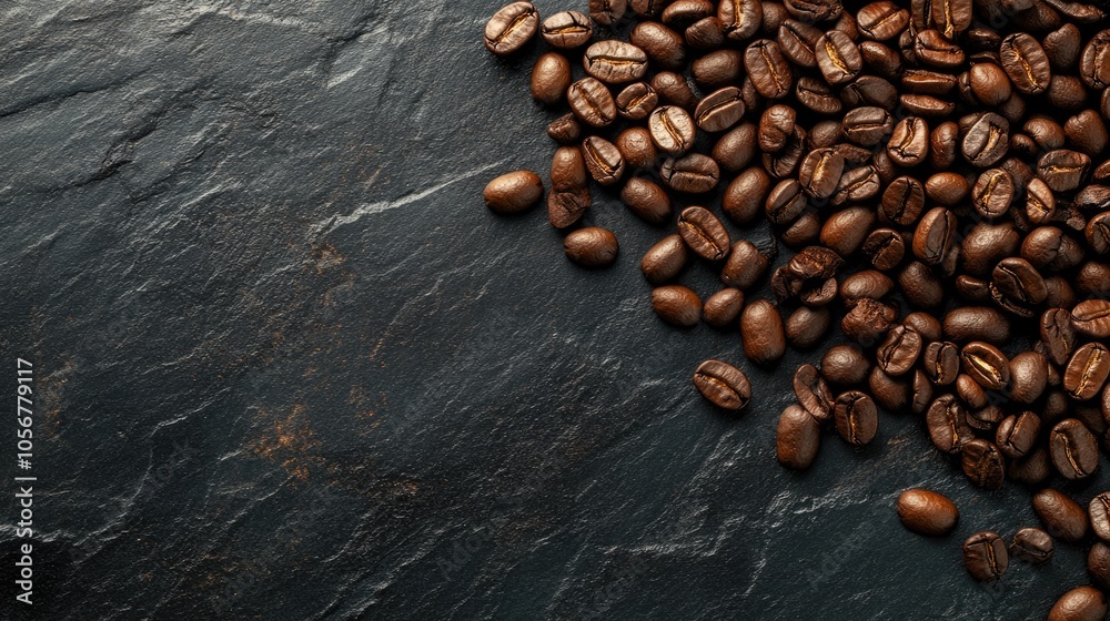 Poster close up of fresh roasted coffee beans on a dark stone surface a top view flat lay with ample space 
