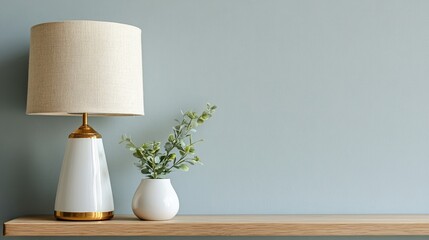 A stylish contemporary white lamp featuring a gold trim and a linen lampshade rests gracefully on a simple wooden shelf