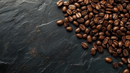 Close up of fresh roasted coffee beans on a dark stone surface A top view flat lay with ample space for text