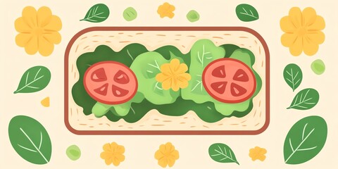 Groovy toast, cute salad, single flower, leafy touch, flat design
