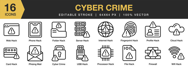 Cyber Crime icon set. Editable Stroke Icon Collection. Includes card hack, cloud, cyber crime, file, folder, and More. Outline icons vector collection.