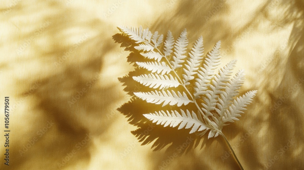 Aufkleber White fern leaf casting shadow design element on a golden backdrop illuminated by sunlight featuring ample copy space