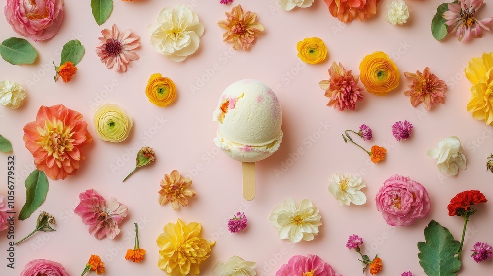 Poster minimalist arrangement featuring artistic ice cream surrounded by vibrant flowers on soft pastel pap