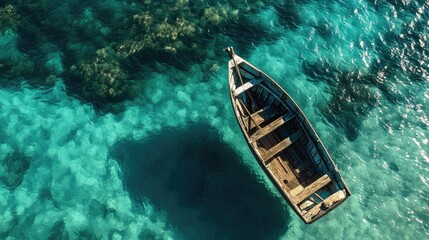 Obraz premium Aerial view of a vintage fishing boat on a clear blue sea with shadows created by sunlight Concept of ocean still life