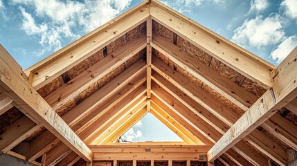 Installation of wooden beams and timber at a construction site establishing the roof truss system for a new residential structure