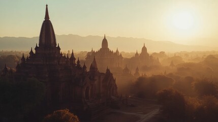 Panoramic view of temples and pagodas in a captivating landscape