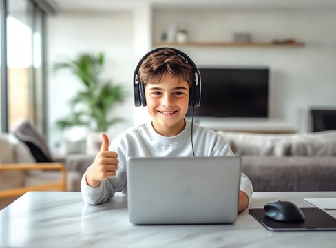 Smiling young boy gives a thumbs up while using a laptop at home.