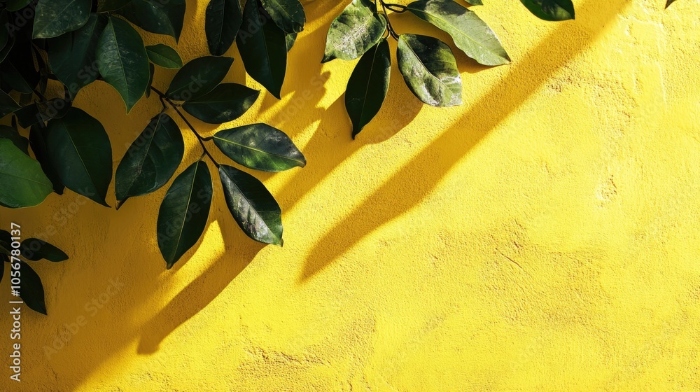 Poster leaf shadows cast on a vibrant yellow concrete wall texture an abstract trendy nature inspired backg