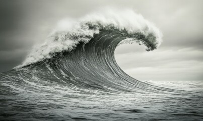 A massive wave crashes in the water on a cloudy day, stirred up by the wind. The fluid movement of the wave creates a mesmerizing event in the vast ocean