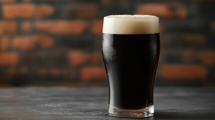 Cold draft lager or dark ale in a glass pint with foam on a table ideal for brew house promotions and festive celebrations