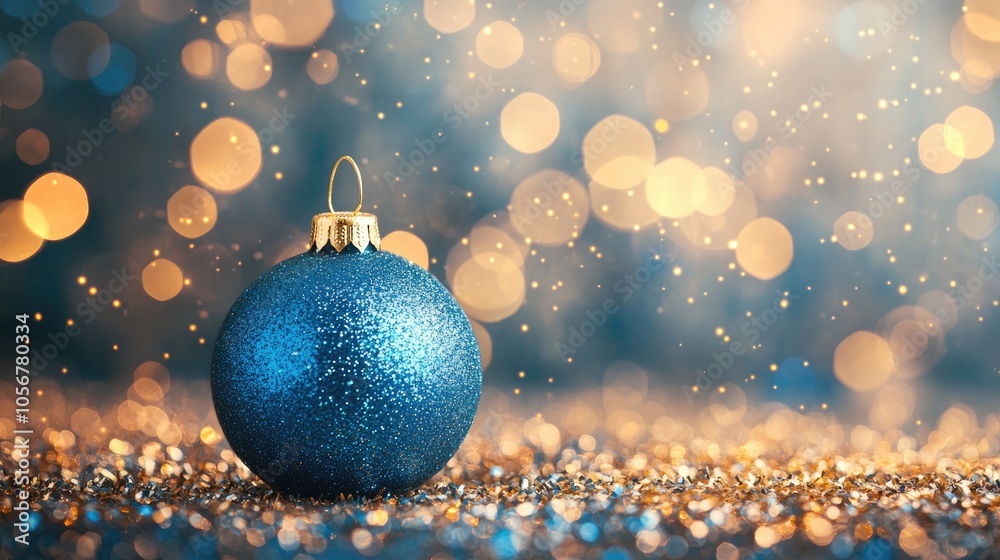 Poster blue christmas ornament on an abstract blurred background featuring golden bokeh lights and snowflak