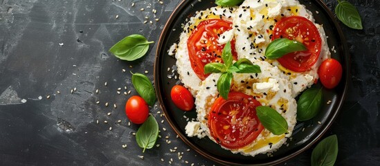 Healthy Rice Cakes With Cherry Tomatoes Cheese Feta Basil And Sesame In Metal Plate On Black Background Diet Snack