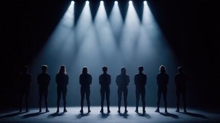 Silhouettes of performers on stage illuminated by dramatic spotlighting, creating a mysterious and artistic atmosphere.