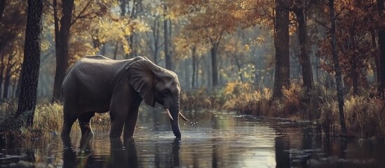 Wild Elephant At The Nature Pond In The Forest Wade And Drinking Water