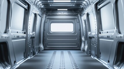 Empty cargo van interior featuring metallic walls perfect for transport and delivery applications in contemporary logistics