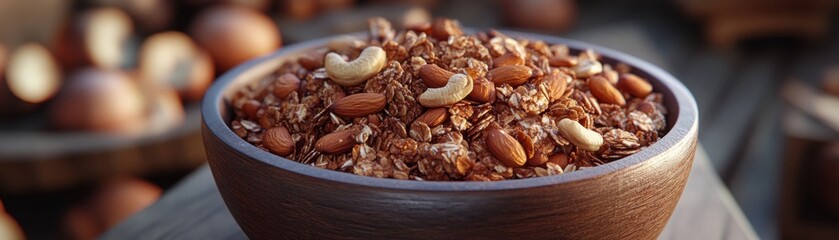 Obraz premium Homemade Granola with Nuts A Delicious and Nutritious Snack Packed with Superfoods This bowl of homemade granola is the perfect healthy snack, packed with delicious nuts and superfoods Enjoy it for
