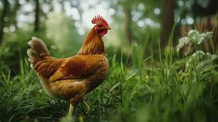 Blurry chicken in a natural green setting Side perspective