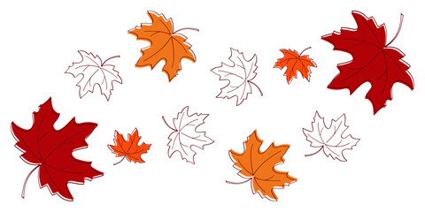 Continuous one line drawing of maple leaf. Maple leaves line art in autumn. Minimalist colored linear sketch isolated on white background. Hand drawn vector illustration.	
