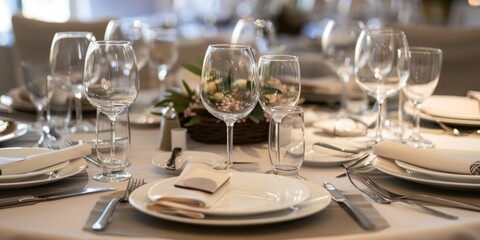 Clean holiday table setting with a single decorative element in the center.