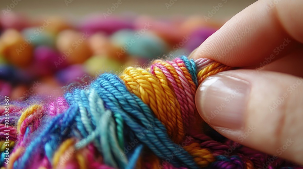 Poster step by step process of looping on knitting needles using wool and cotton yarn
