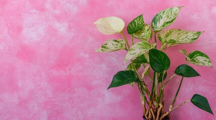 Marble Queen pothos plant cutting featuring elongated bare roots set against a pink backdrop