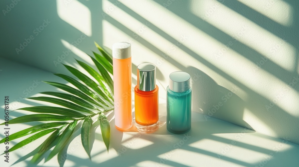 Poster a vibrant display of four beauty products is artistically arranged alongside a leaf creating delicat