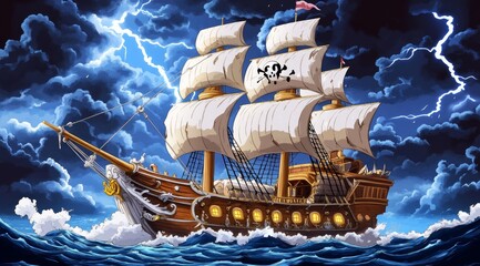 Pirate Ship in a Stormy Sea