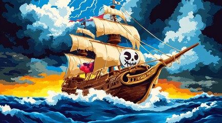 Naklejka premium Majestic Pirate Ship in a Stormy Sea