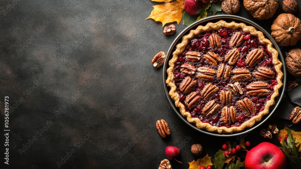 Poster cranberry pecan pie presented on a dark surface flat lay perspective with ample copyspace autumn ins