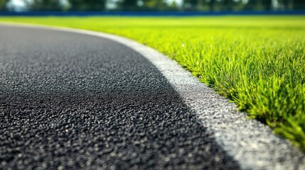 Close up of asphalt motor sport circuit track with kerbs showcasing the straight path alongside a lush green field