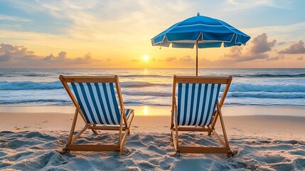 A closeup shot of two empty beach chairs and a stylish striped umbrella against the backdrop of a picturesque Myrtle Beach sunset
