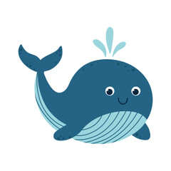 Kawaii blue whale with water splash, big round eyes, wide, smiling face, cheerful expression. Cute sea animal with soft, rounded features. Naive cartoon vector illustration, ideal for childrens design