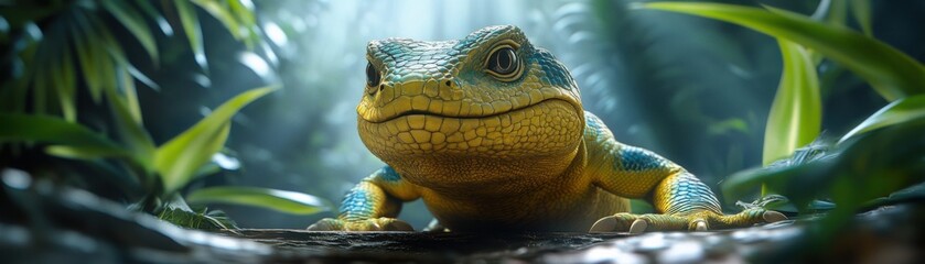 Fototapeta premium Intense Exotic Reptile with Vivid Jungle Background, Primal Focus in Lush Greenery, Close-Up Photography of Exotic Reptile