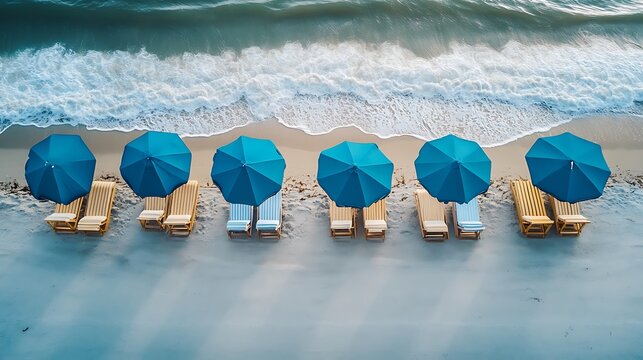 A birds eye view of a row of beach chairs and umbrellas lined up along the Myrtle Beach shoreline, creating a visually striking pattern against the golden sands