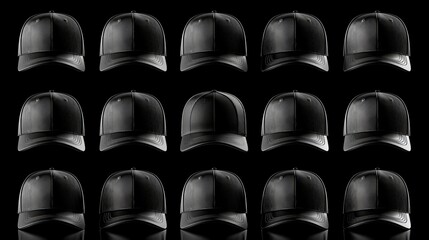 Realistic 3d mockup set of black baseball caps and uniform hats from various angles for design