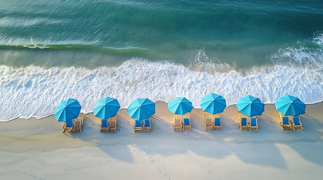 A birds eye view of a row of beach chairs and umbrellas lined up along the Myrtle Beach shoreline, creating a visually striking pattern against the golden sands