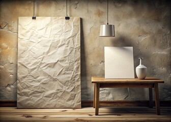Vintage Poster Mockup - Blank Paper on Creased Wall & Table