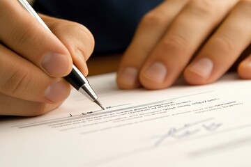 Close-up of hand signing a contract with a pen
