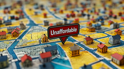 Naklejka premium Housing Market Concept with Unaffordable Homes on Map Highlighting High Prices and Demand