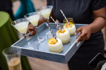Elegant Serving of Creamy Cocktails and Refreshing Beverages