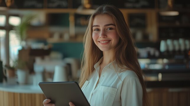 Smiling Barista with Tablet in Coffee Shop
