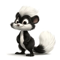 Fototapeta premium A cartoon skunk standing with a fluffy tail on a white background.