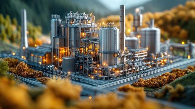 A detailed industrial facility with glowing elements in a natural setting.