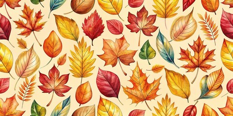 Obraz premium Watercolor autumn leaves dance in a seamless pattern, a warm fall backdrop.