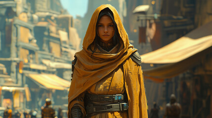 Mysterious woman in a yellow hooded cloak, standing in a bustling, futuristic desert market setting