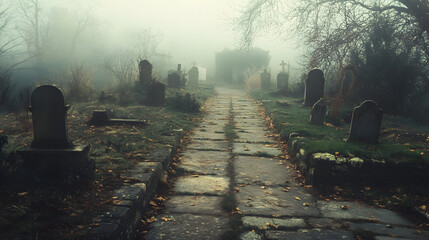 A crumbling road leading to a hidden graveyard, shrouded in mist.
