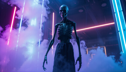 strange abnormal humanoid figure in neon lights mist room