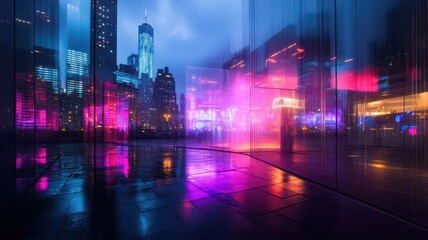 Obraz premium Vibrant holographic cityscape at night, illuminated by mesmerizing neon lights and futuristic architecture.
