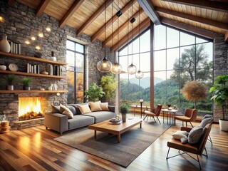 Fototapeta premium Minimalist Loft Interior with Bokeh Effect, Natural Light, Organic Materials, and Modern Design Elements for Home Decor Inspiration